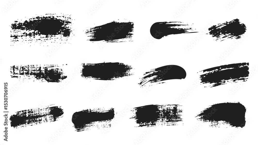 Black paint texture set, mascara smudge strokes, eye pencil squiggle marks, messy dirty swatch stains, grungy brushstroke scribbles, Asian ink rush stroke blot elements, vector illustration.