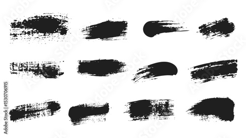 Black paint texture set, mascara smudge strokes, eye pencil squiggle marks, messy dirty swatch stains, grungy brushstroke scribbles, Asian ink rush stroke blot elements, vector illustration.
