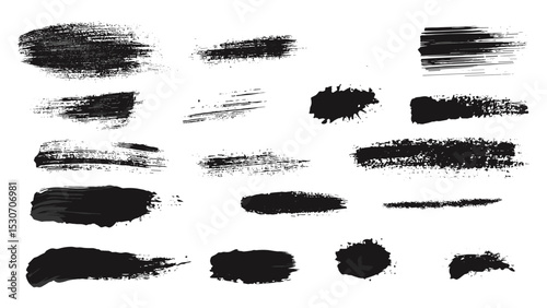Mascara smudge strokes, black paint texture set, messy swatch stains, eye pencil squiggle marks, grungy brushstroke scribbles, Japanese Korean Chinese rush stroke blot elements, vector illustration.