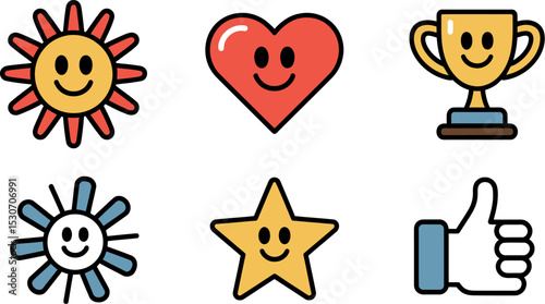 Vector illustration of happy icons sun heart trophy star like smileys for graphic design use editable stock vector illustration