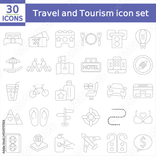  Travel and Tourism set of web icons in line style.Travel and vacation icons for web and mobile app. Airport, tickets, tour, relax, hotel, recreational rest, service.