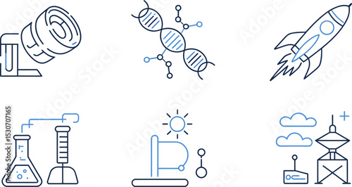 Science technology research innovation discovery education laboratory rocket dna physics icos 100 characters editable stock vector illustration