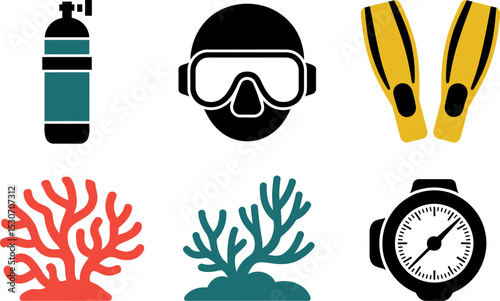 Diving equipment vector illustration scuba gear mask fins tank coral reef compass for underwater exploration editable stock vector illustration