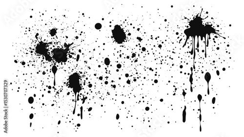 Paint splatter background, black ink blots, dust overlay grain, urban grunge texture, dust particles drizzle, abstract splatter effect, vector illustration, messy paint design.