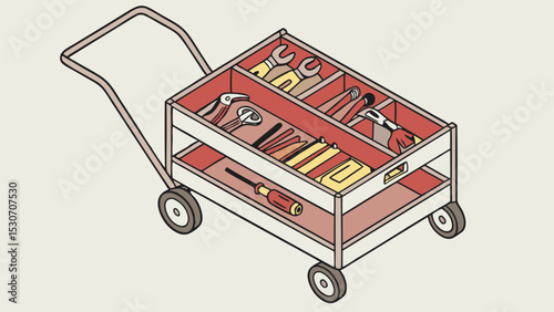 Illustration of a two tiered red and white toolbox cart filled with various tools on a cream background