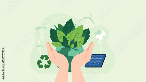 Hands holding green plant over globe with solar panel, recycling and wind energy icons, concept of environmental protection and clean energy