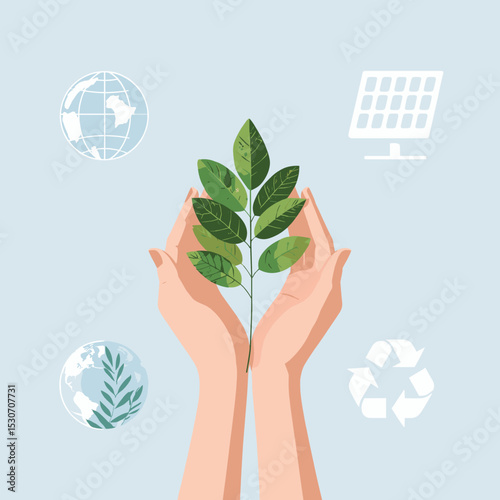 Hands holding green leafy branch with surrounding icons of globe, solar panel and recycling, symbol of ecology and nature conservation