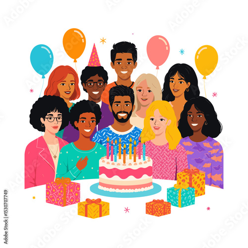 Diverse group of people celebrating birthday with cake, balloons, candles and gifts, joyful festive atmosphere