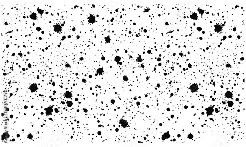 Black ink splatter spray seamless pattern, grunge dribble spatter on transparent background, vector illustration, gritty paint texture backdrop, abstract artistic splash.