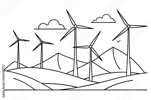 Continuous line art drawing of wind turbine isolated on transparent background