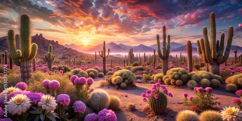 Desert Landscape with Cactus and Wildflowers at Sunset