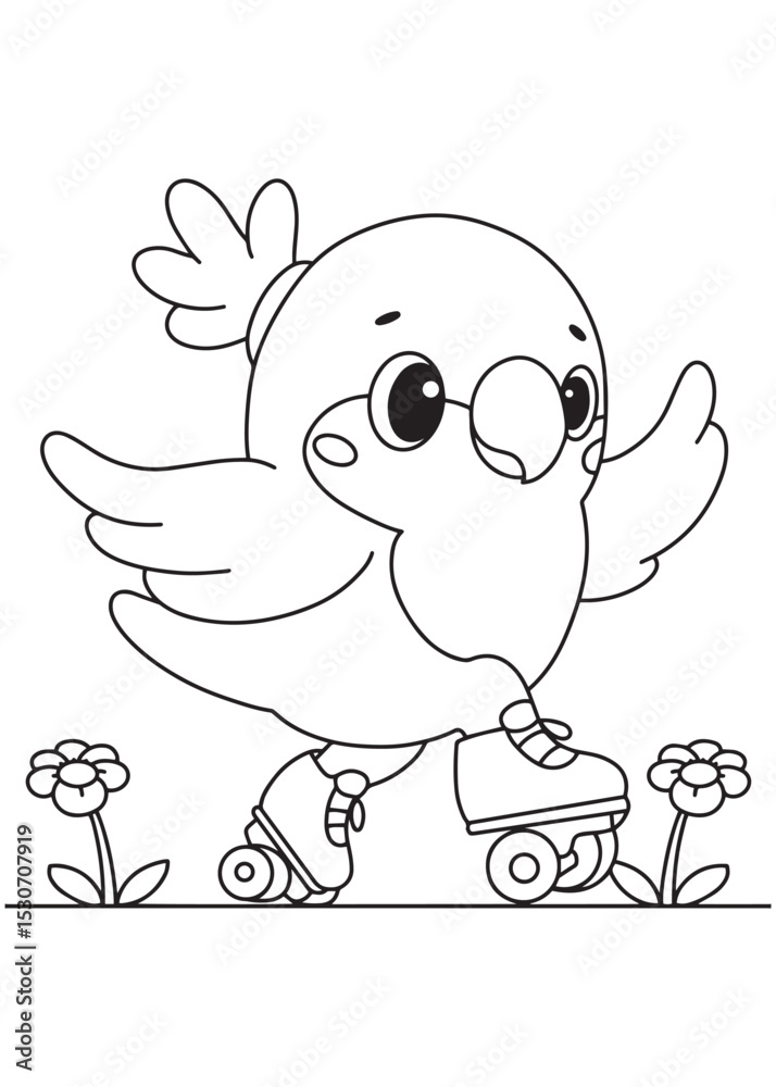 Obraz premium Coloring book parrot wearing cute glasses and roller skates, happily gliding along with sweet flowers