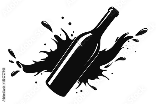 Wine bottle with splash design element isolated on transparent background