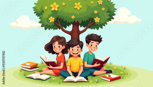Smiling kids reading books while sitting under a tree, with books around, nature learning and outdoor education concept