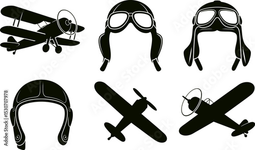 Vintage aviation airplane pilot helmets and planes vector graphic design elements silhouette collection editable stock vector illustration