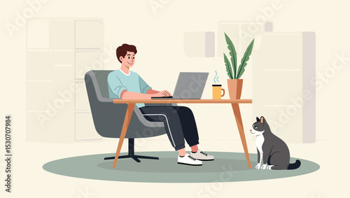 Man working on laptop at home with cat nearby, cozy indoor office setup with coffee mug, plant and relaxed atmosphere
