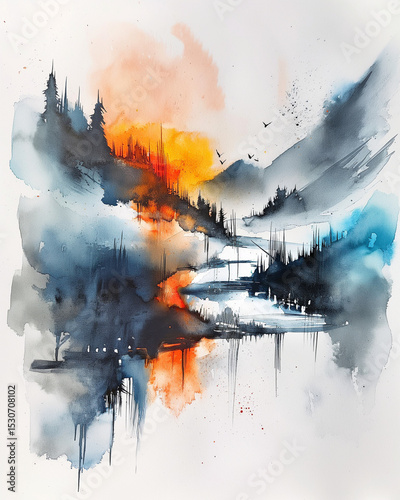 Vibrant watercolor landscape with mountains, a river, and an expressive sunset in a peaceful natural setting. Generative AI