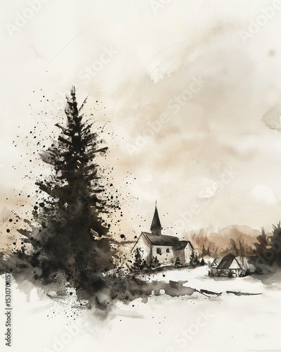 Winter wonderland with fir tree and cozy cabins in a serene village landscape captured in beautiful watercolor style. Generative AI