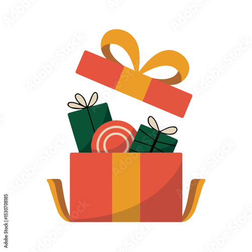 Open red gift box with smaller presents inside festive holiday surprise joy bow flat cute green happy style gifts candy