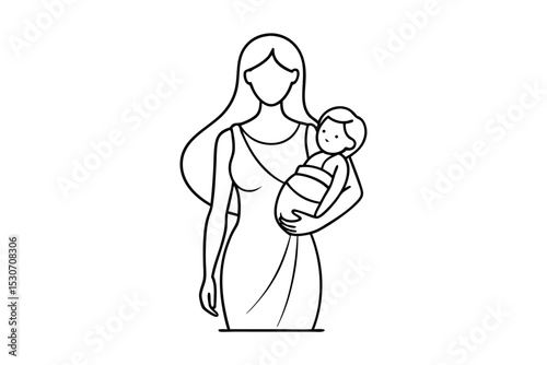 Mother with long hair holding baby in sling isolated on transparent background