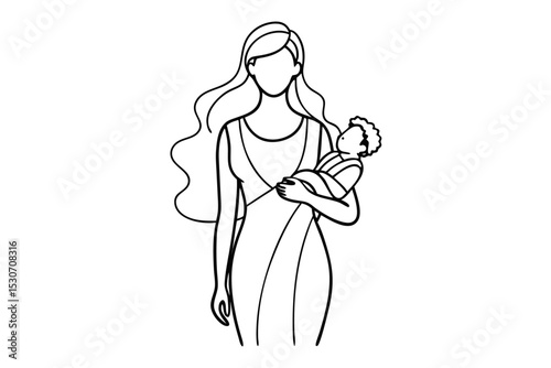 Mother with long hair gently holding baby in sling isolated on transparent background