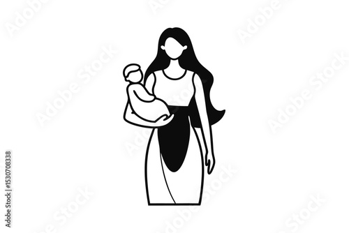 Mother with long hair in dress holding baby in sling isolated on transparent background