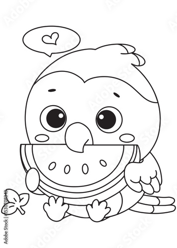 Coloring book parrot happily eating a slice of watermelon, with a sweet heart bubble above