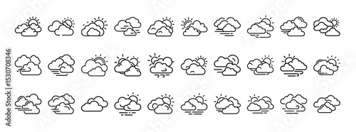 Weather line icon set with editable stroke. Simple outline collection of meteorology symbols. Forecast icons. Vector illustration.  