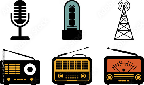 Vintage radio broadcasting equipment microphone antenna tube vector illustration icon set design editable stock vector illustration