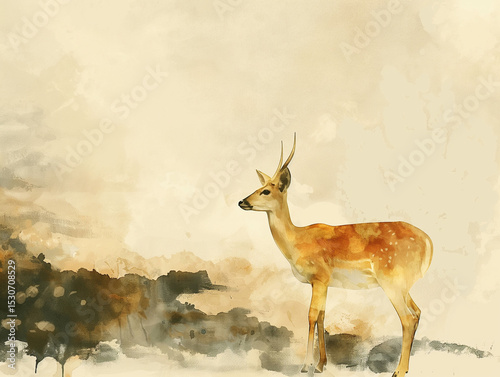 Graceful deer standing amidst a hazy landscape in warm watercolor tones captured in a serene natural setting. Generative AI