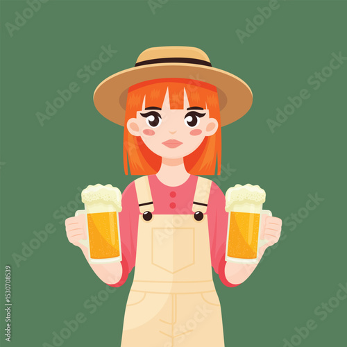girl holding beer mugs flat vector illustration.