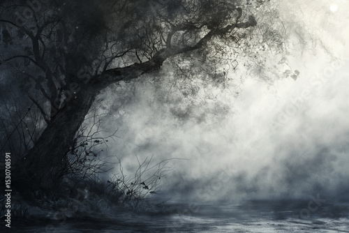 Mysterious foggy landscape with an ancient tree by the tranquil water in dim light, evoking nature’s secrets and enchantment. Generative AI