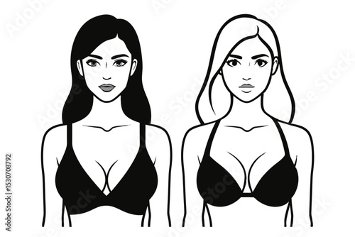Line art illustration of women in bikini tops isolated on transparent background
