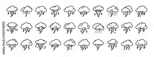 Linear weather icon set: sun, clouds, rain, snow, storm, wind - essential climate symbols 
