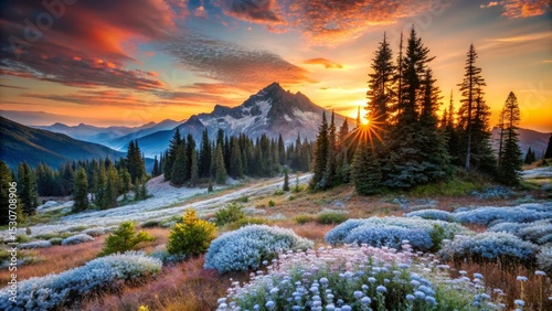 Mountain Landscape at Sunset with Wildflowers