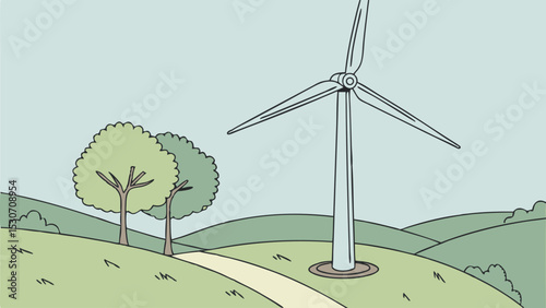 Illustration of a wind turbine on a green hill with trees and a path under a light blue sky landscape