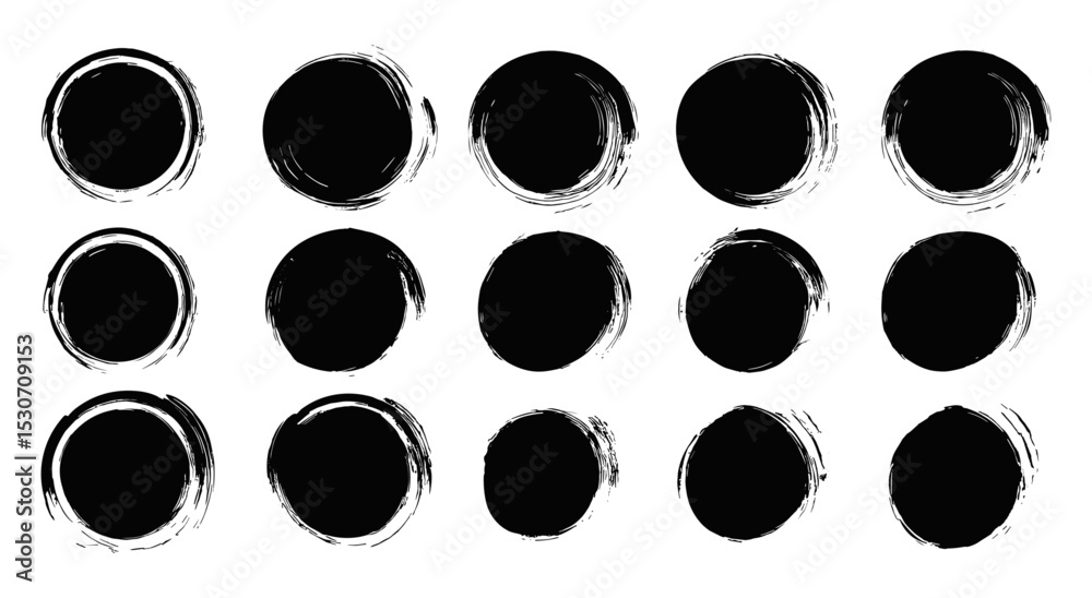 Vector illustration of black ink dots, round brush paint strokes, Japanese enso symbols, watercolor swirl lines, grungy calligraphic smears, brush stroke borders, abstract ink art elements.