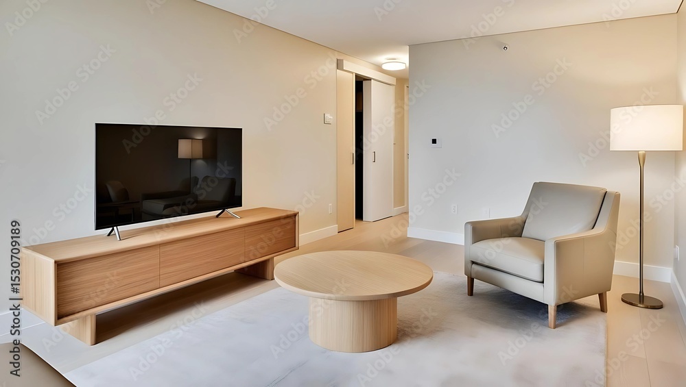 Fototapeta premium Modern condo living area with low teakwood TV console, round coffee table, and light leather armchair in neutral tones, stylish and clean design 