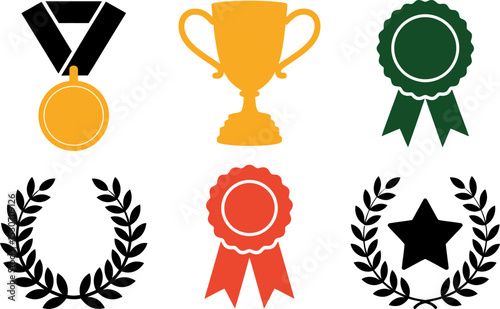 Vector graphic of awards medals trophy ribbons laurels achievement success competition recognition gold editable stock vector illustration