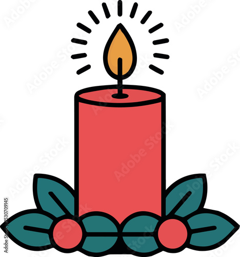 Red christmas candle with holly berries and festive leaves illustration art joy hope flat icon light flame peace retro