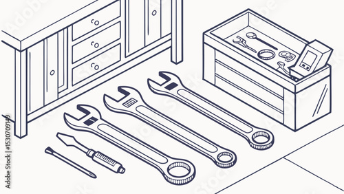 Illustration of a workbench with tools including wrenches and screwdrivers in an organized workspace area