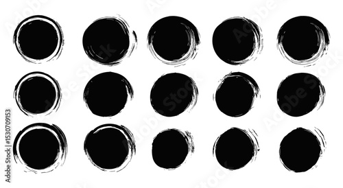 Vector illustration of black ink dots, round brush paint strokes, Japanese enso symbols, watercolor swirl lines, grungy calligraphic smears, brush stroke borders, abstract ink art elements.