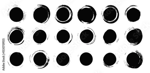 Vector illustration of round brush paint strokes, black ink circles, Japanese enso symbols, watercolor swirl lines, grungy calligraphic smears, paintbrush line border frames, ink splatter.