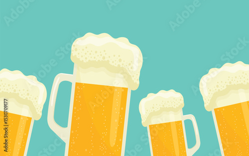 beer mugs on blue background flat vector illustration.
