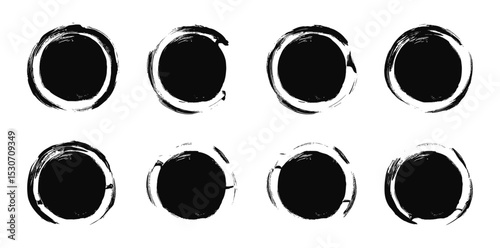 Vector illustration black ink circles, Japanese enso symbols, grunge calligraphic circular smears, round brush strokes, paintbrush line borders, watercolor swirl lines, artistic brush texture.