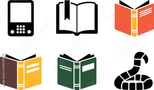 Book reading education learning knowledge literature library study ebook device worm icons vector editable stock vector illustration