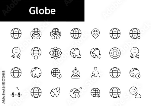 A set of minimalist globe and travel-themed line icons arranged in rows on a white background, featuring globes, airplanes, gears, location pins, and network symbols in black outline style.