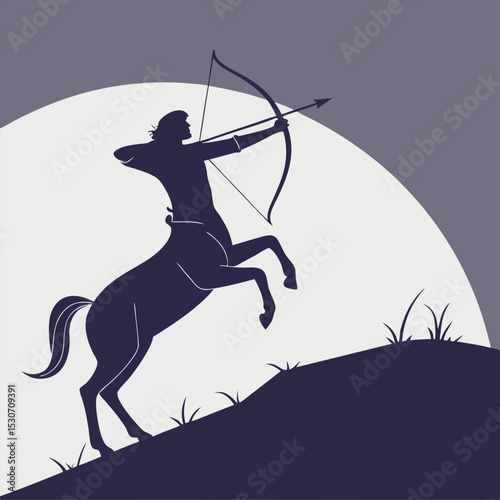 Mythical Centaur Archer Silhouette Aiming Bow on Hill Under Full Moon