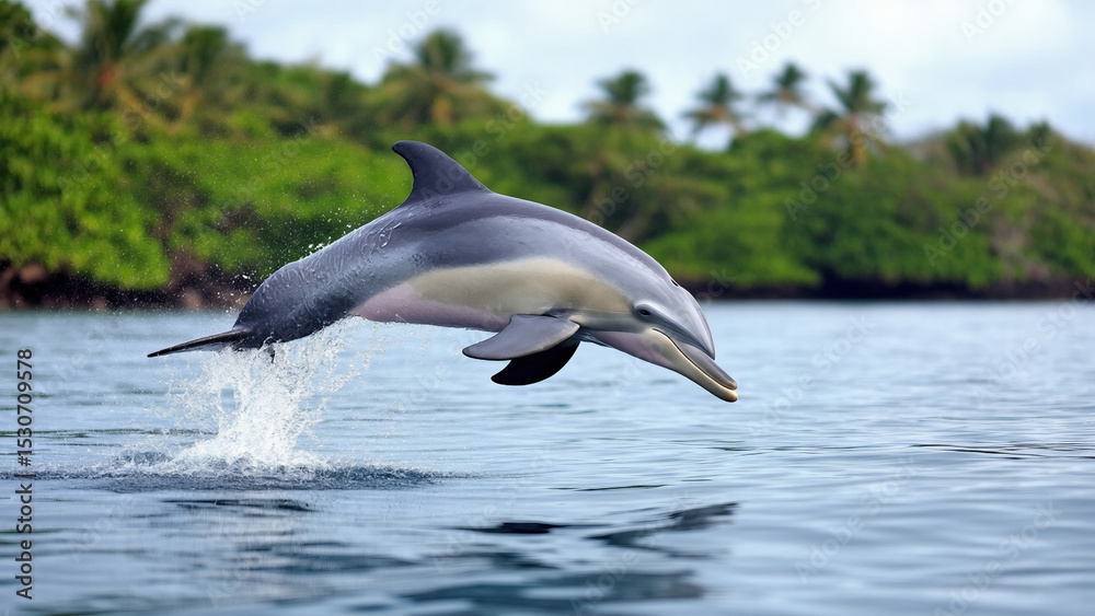 Fototapeta premium A graceful dolphin leaps joyfully out of the crystal-clear ocean waters near a lush tropical island, capturing the beauty and freedom of marine wildlife in nature.
