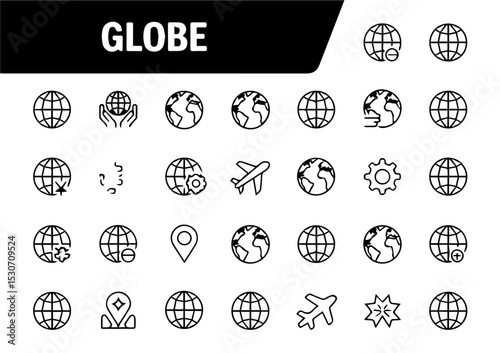 A set of minimalist globe and travel-themed line icons arranged in rows on a white background, featuring globes, airplanes, gears, location pins, and network symbols in black outline style.